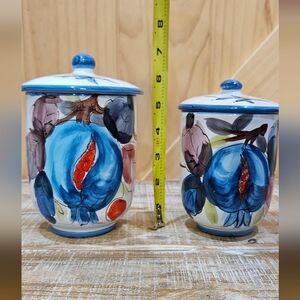 Vintage | Pair Of Hand Painted Pomegranate Fruit Themed Canisters | Italy